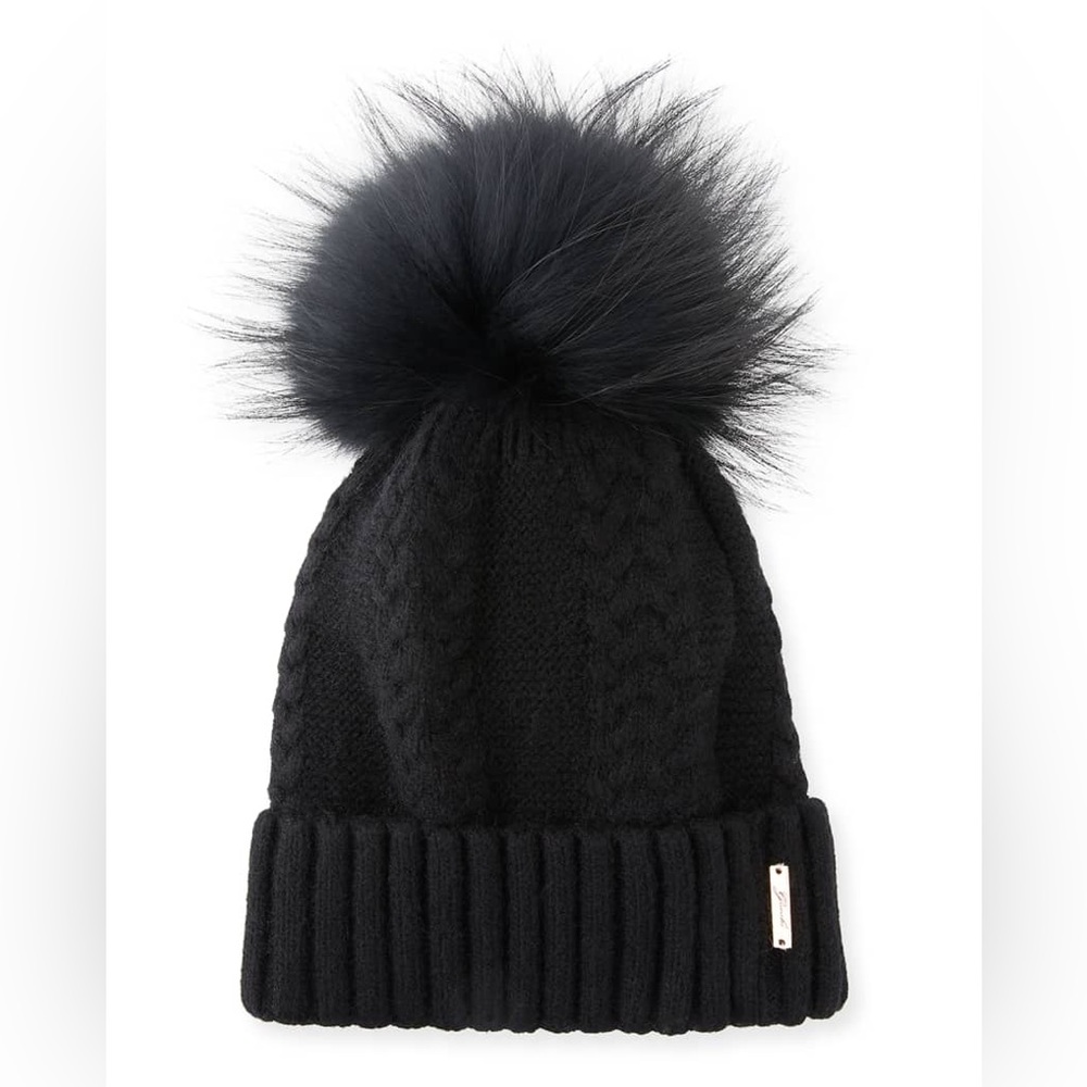 GORSKI- KNIT CASHMERE HAT - REAL SILVER FOX FUR POMPOM -NEW WITH TAGS NEVER WORN